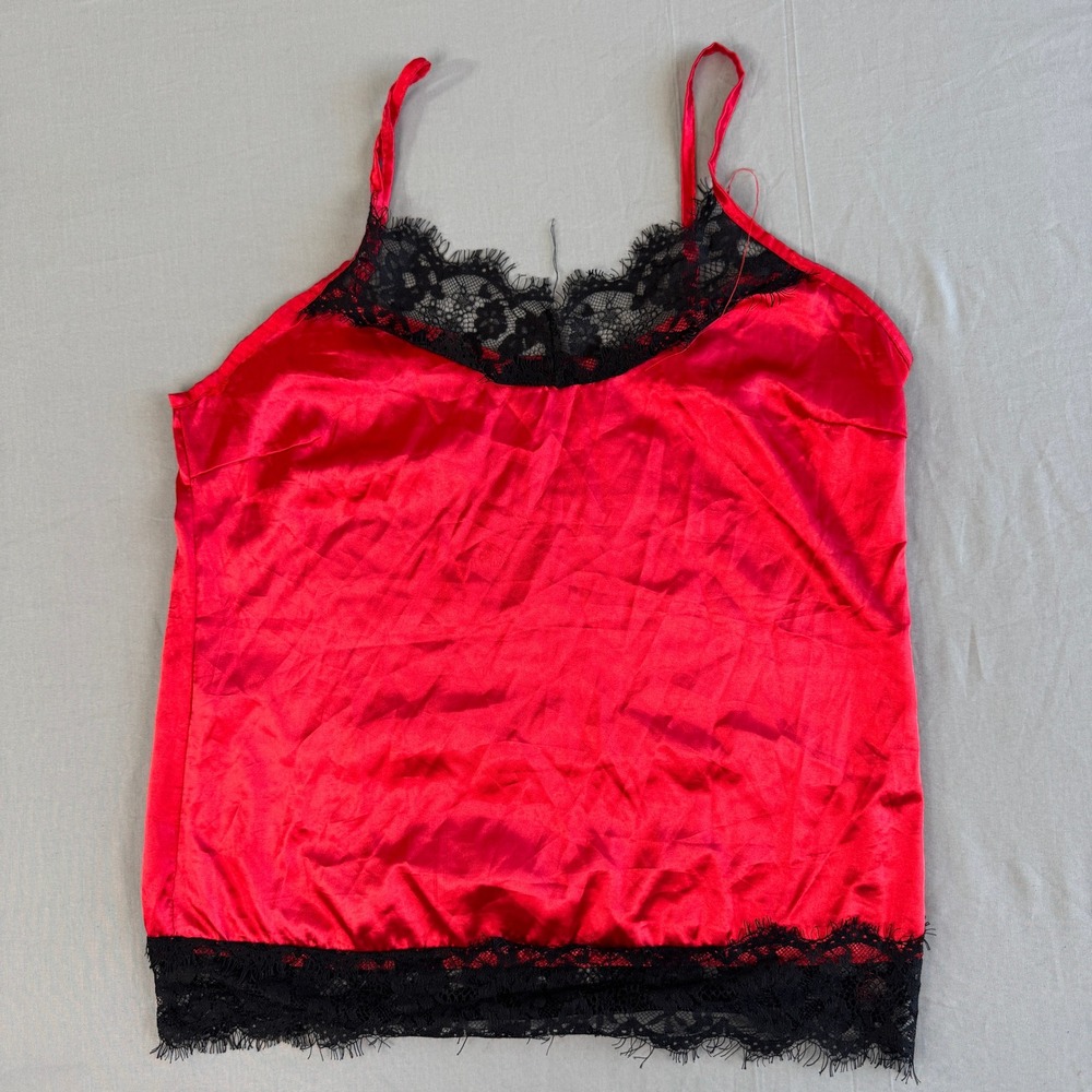 Red Cami‎ Top with Black Lace Trim, Small Sleeveless Tank Top Baby Doll Y2K